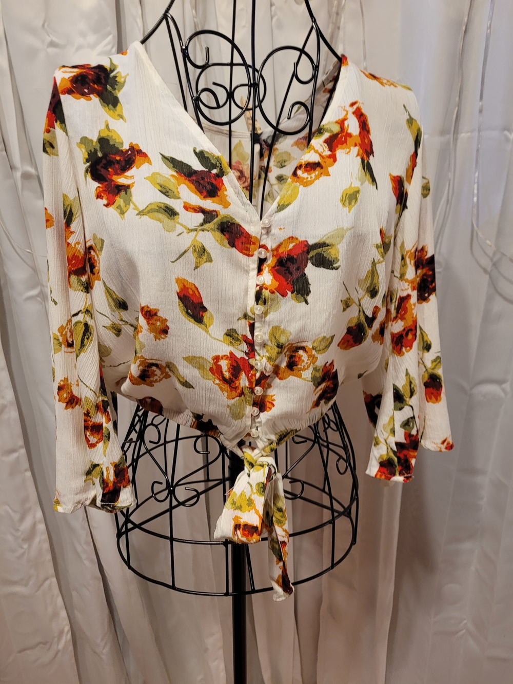 Ambiance White Tie-Front Floral Blouse with Orange & Green Accents